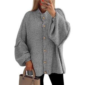 Women's Winter Button Down Cardigan Sweaters Mock Neck Lantern